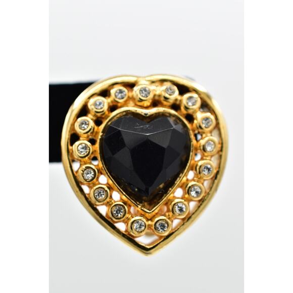 Vintage Crystal Heart Clip On Earrings Black Chunky Gold Heavy NOS 1980s A22 - Picture 7 of 16